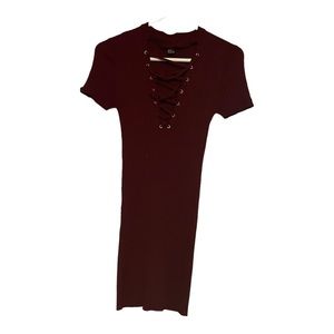 Burgundy sexy body con dress with lace up  front